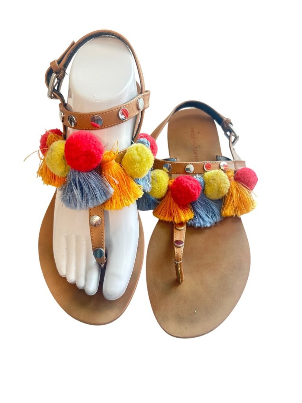 Rebecca Minkoff Pom Pom Tassel Brown Leather Sandals With Stud Accents Size 8